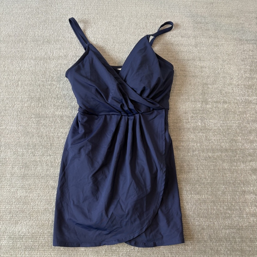 Lands End Swim Dress Women L Navy Blue Padded Skirted Beach Modest Summer